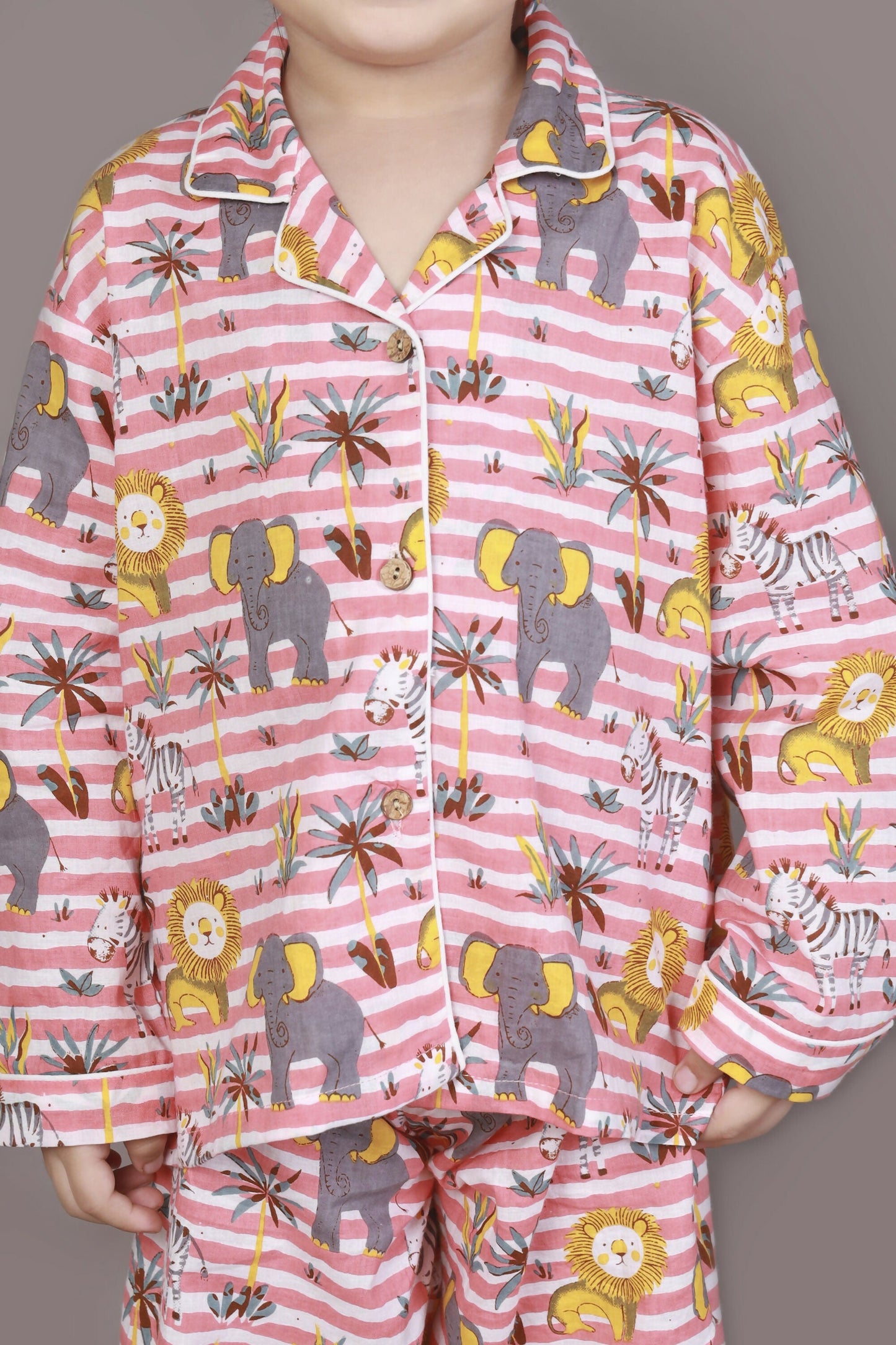 Breathables Kids Cotton Night Suit  Red & White Jungle Stripe Shirt & Pyjama Co-Ord Set For Boys & Girls