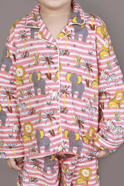 Breathables Kids Cotton Night Suit  Red & White Jungle Stripe Shirt & Pyjama Co-Ord Set For Boys & Girls