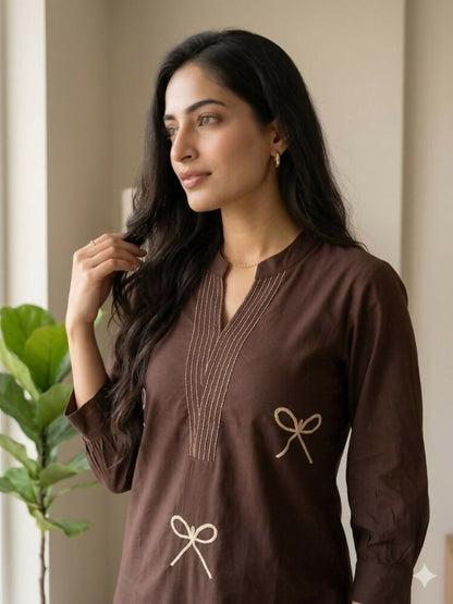 Teeya Creation Women New Trendy Chocolate Brown Embroidered Cotton Kurta with Palazzos