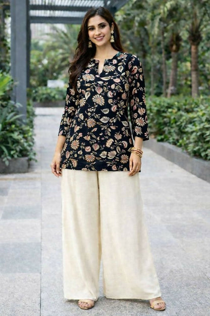 Teeya Creation Womens New Trendy Black Floral Printed Short Kurti with Beige Palazzo Set