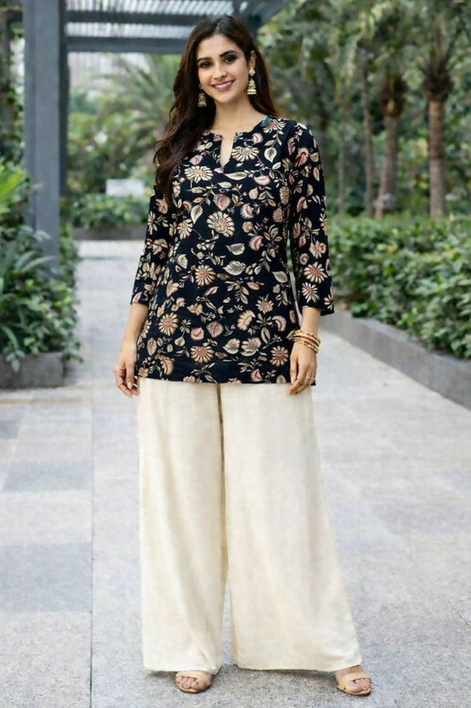 Teeya Creation Womens New Trendy Black Floral Printed Short Kurti with Beige Palazzo Set
