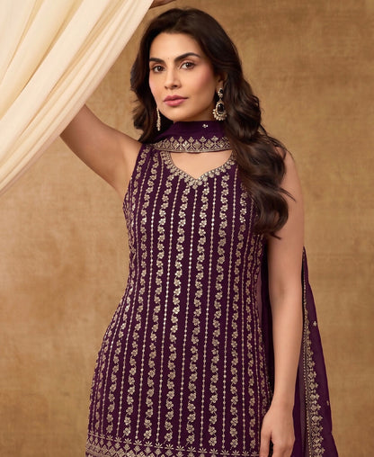 KC Latest Cocktail Wear Wine Chinon Sharara Suit For Women