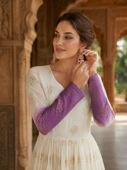 Teeya Creation Lavendar and White Gradient Anarkali Gown with Gold Floral Motifs