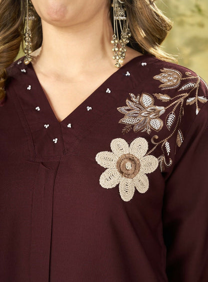 Teeya Creation Women Coffee Brown Embroidered Tunic & Pant Co-Ord Set