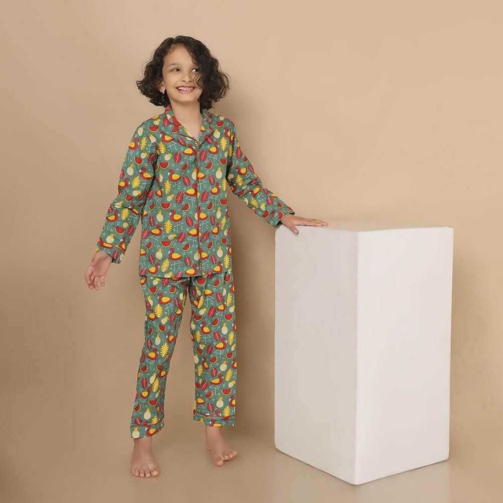 Breathables Kids Cotton Watermelon & Pineapple Print Night Suit  Green Full Sleeves Shirt & Pant Co-Ord Set | Nightwear
