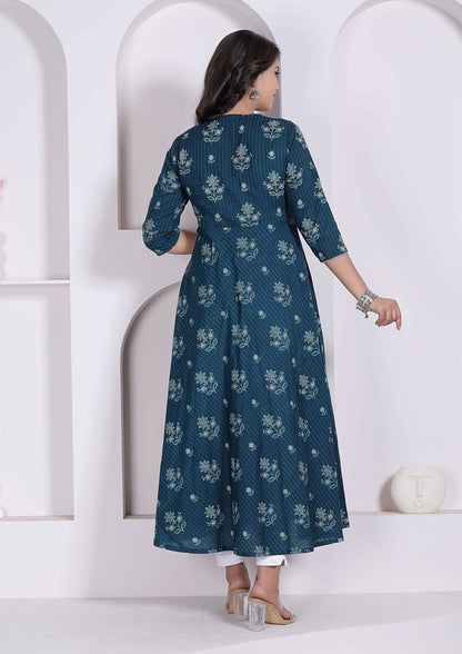 Miravan Womens Blue Ethnic Motifs Printed V-Neck Cotton Angrakha Kurta