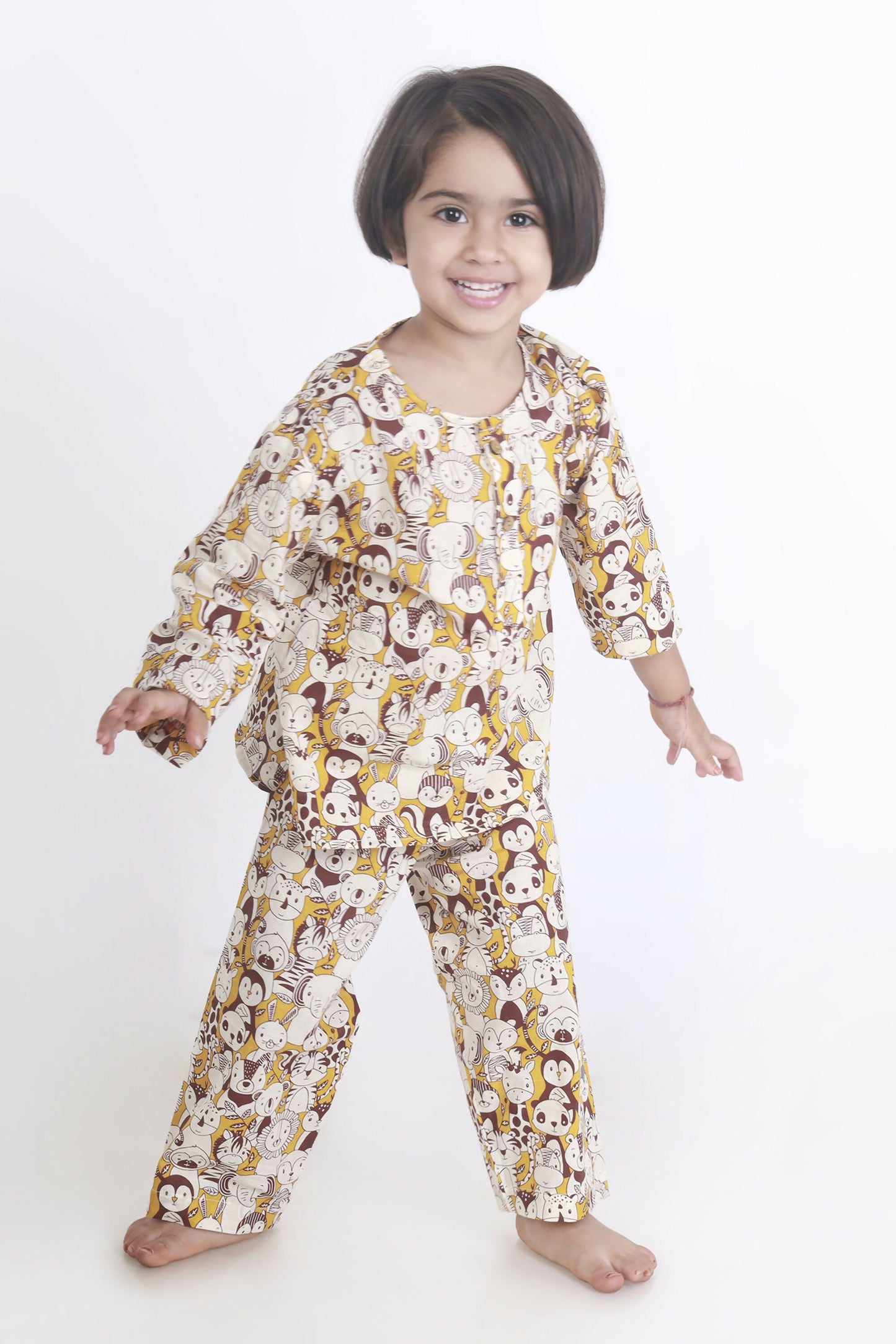 Breathables Sunny Yellow Animal Print Cotton Night Suit For Kids