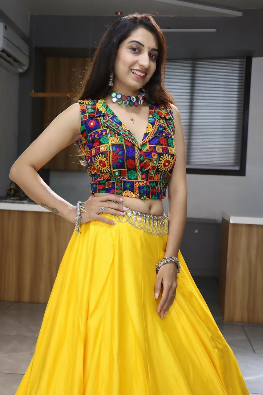 Yash Enterprise Yellow Rayon Cotton Embroidery Semi Stitched Navratri Chaniya Choli