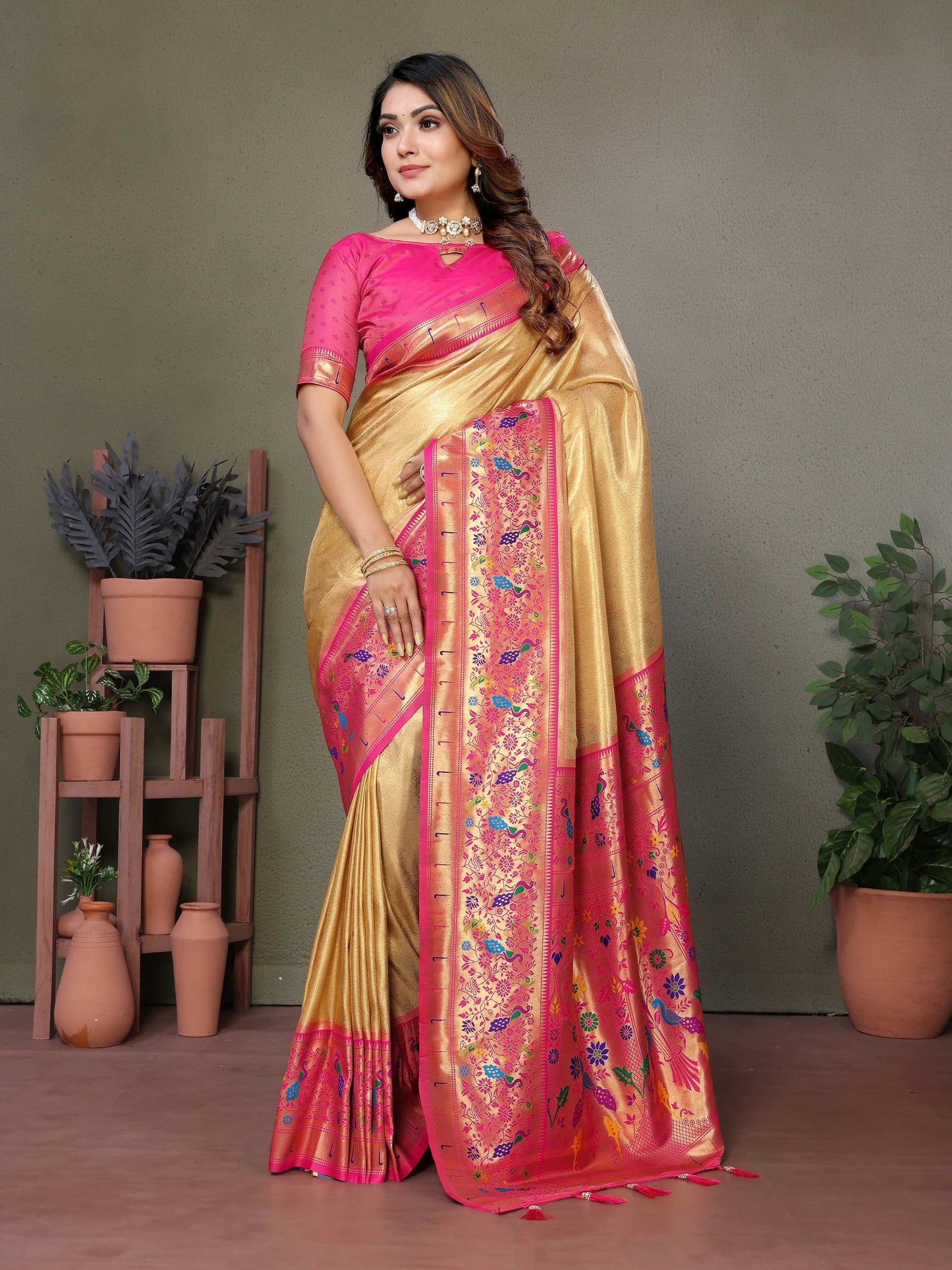 Aastha Fashion Gold Tissue Silk Paithani Woven Saree