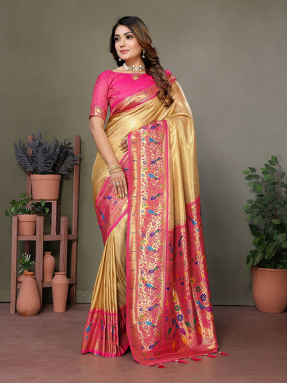 Aastha Fashion Gold Tissue Silk Paithani Woven Saree