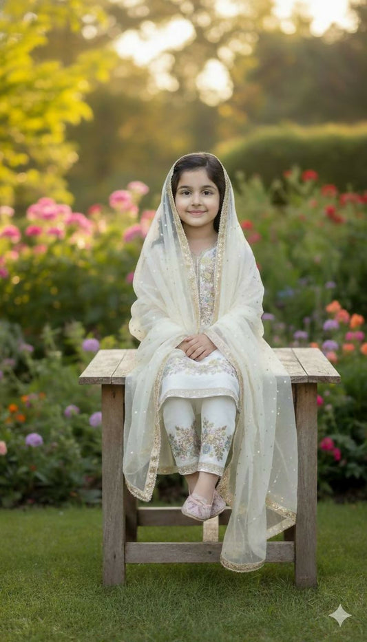 Teeya Creation Trendy Stylish Kids Wear Heavy Embroidery Sequence Work Kurta Set -White