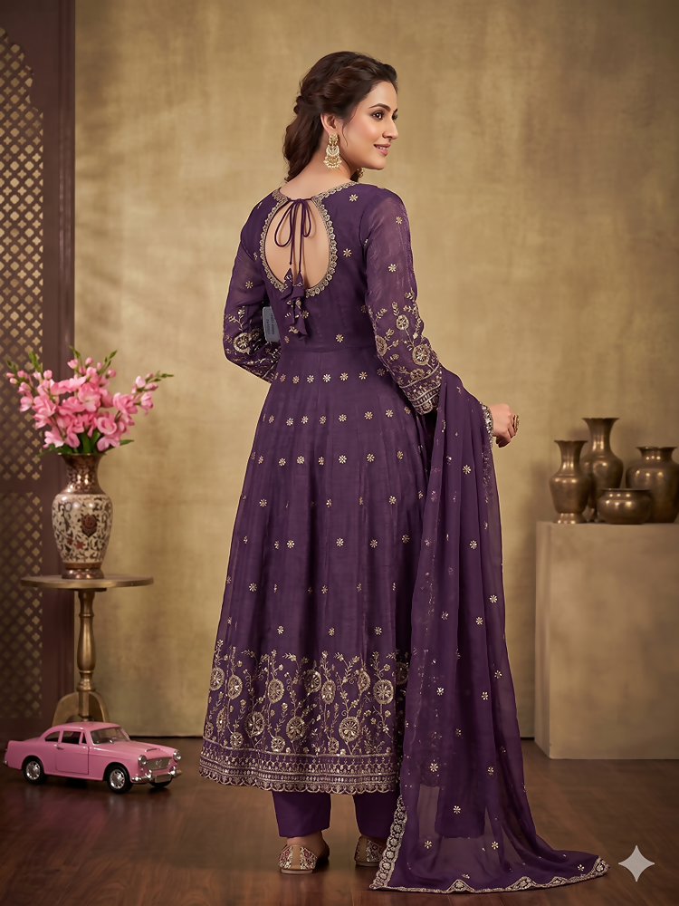 Teeya Creation New Stylish Trendy Elegant Purple Embroidered Anarkali Suit with Dupatta