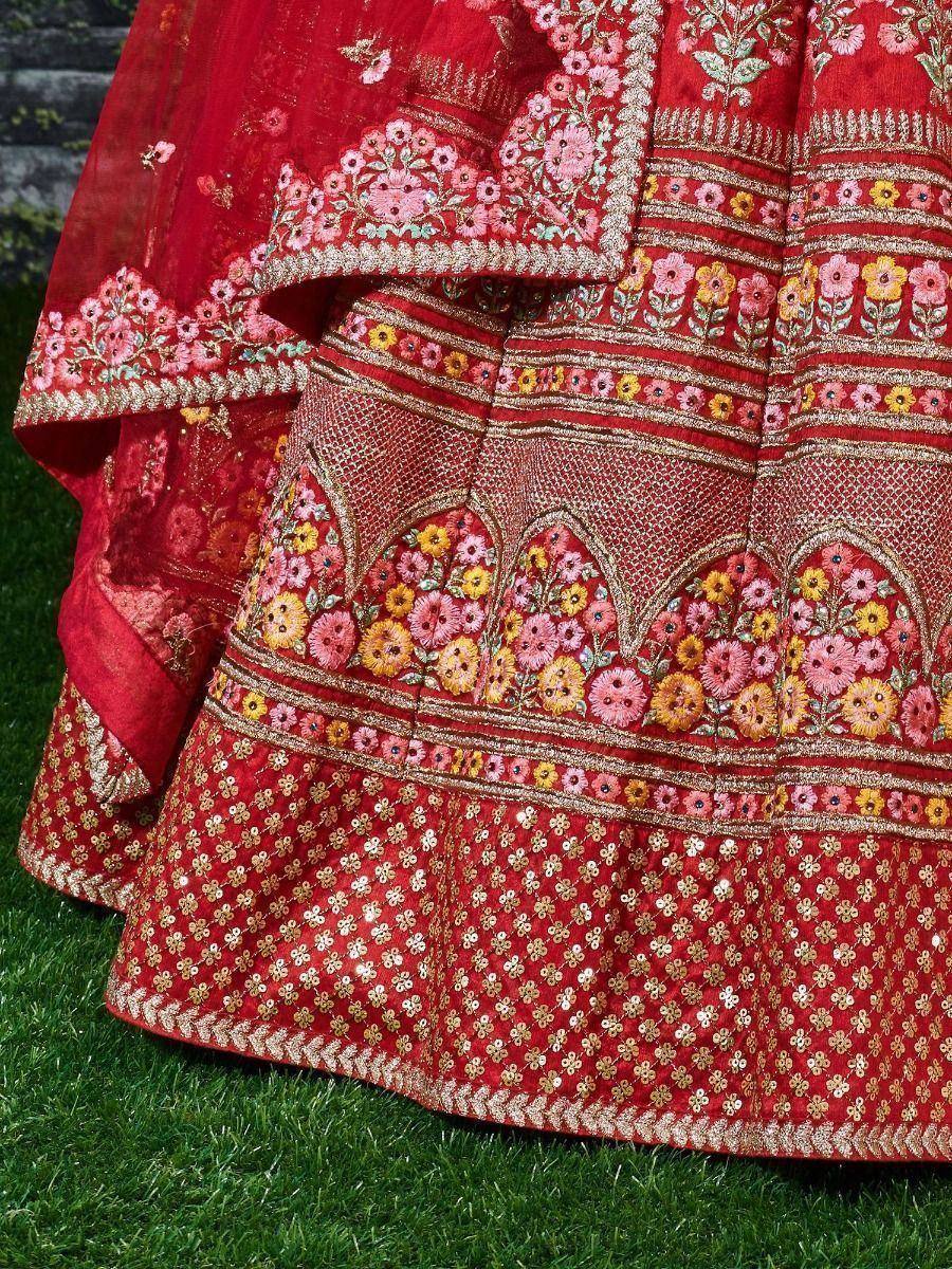 Tulsi Art Sabyasachi Red Embroidered Art Silk Bridal Lehenga Choli