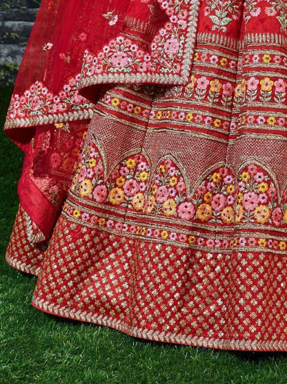 Tulsi Art Sabyasachi Red Embroidered Art Silk Bridal Lehenga Choli
