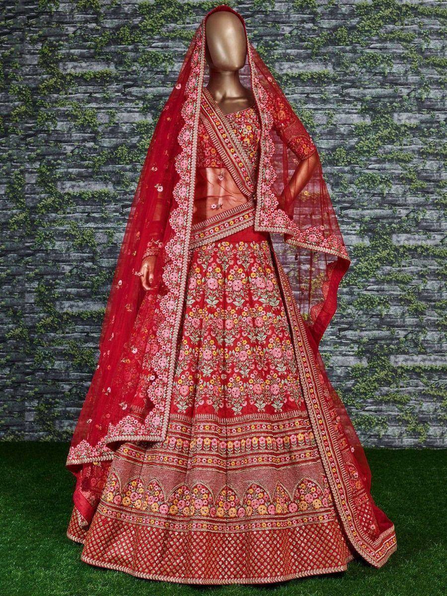 Tulsi Art Sabyasachi Red Embroidered Art Silk Bridal Lehenga Choli