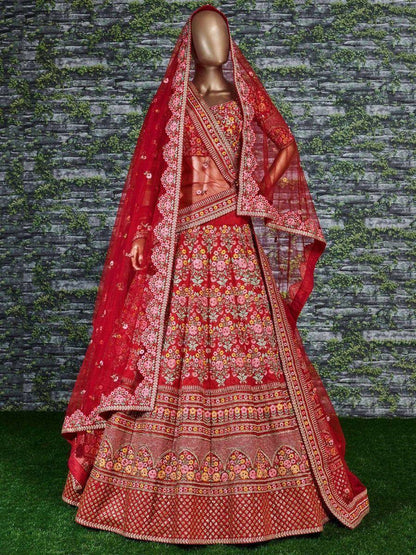Tulsi Art Sabyasachi Red Embroidered Art Silk Bridal Lehenga Choli