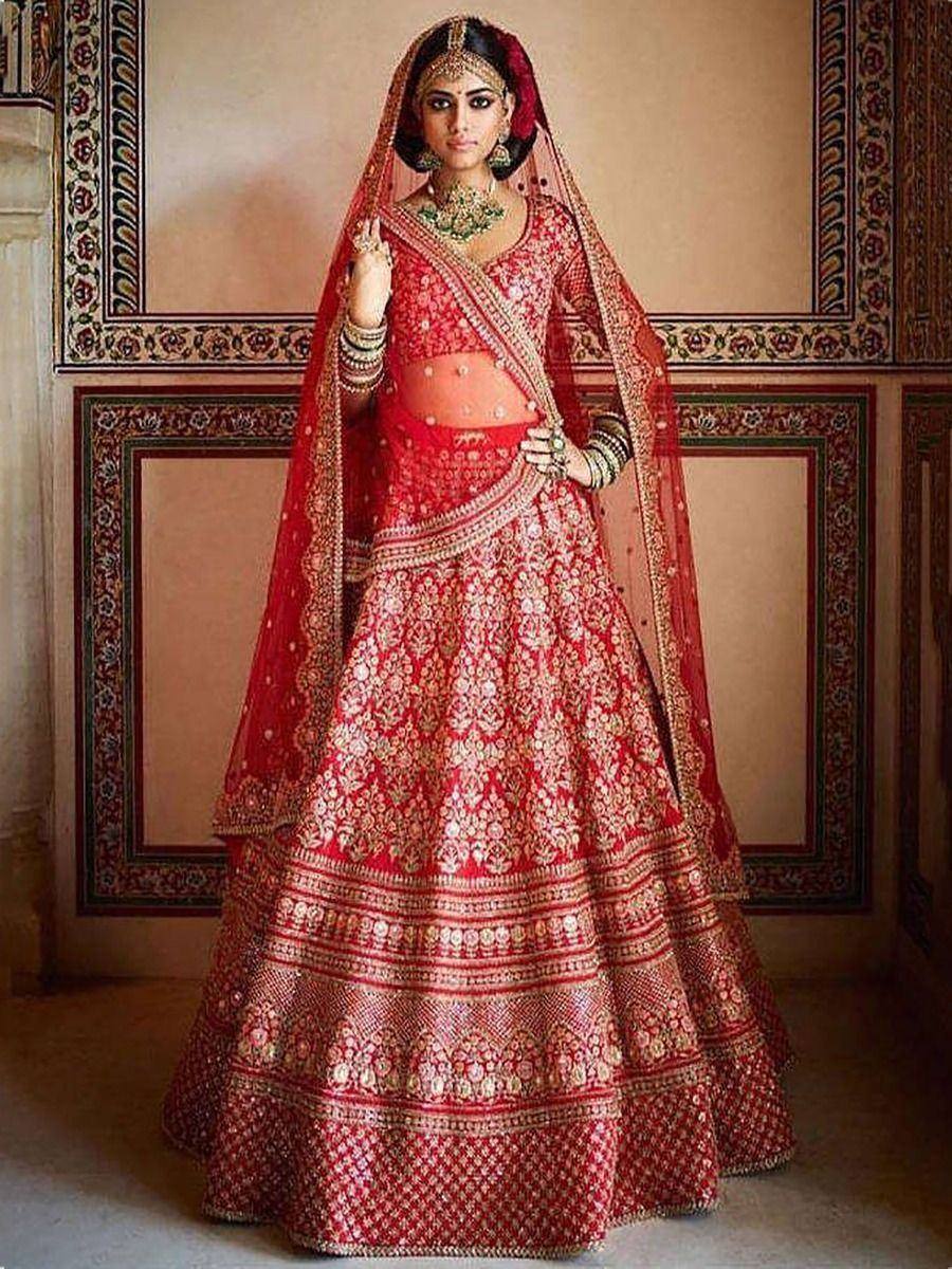 Tulsi Art Sabyasachi Red Embroidered Art Silk Bridal Lehenga Choli