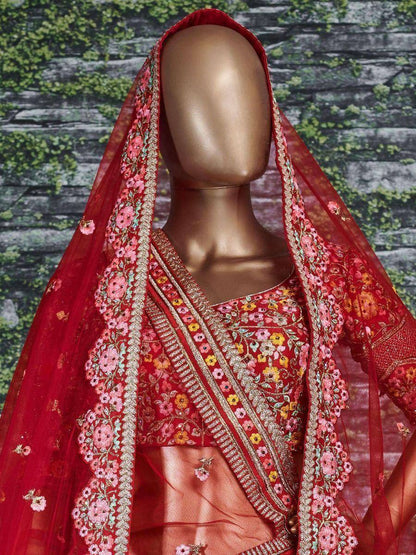Tulsi Art Sabyasachi Red Embroidered Art Silk Bridal Lehenga Choli