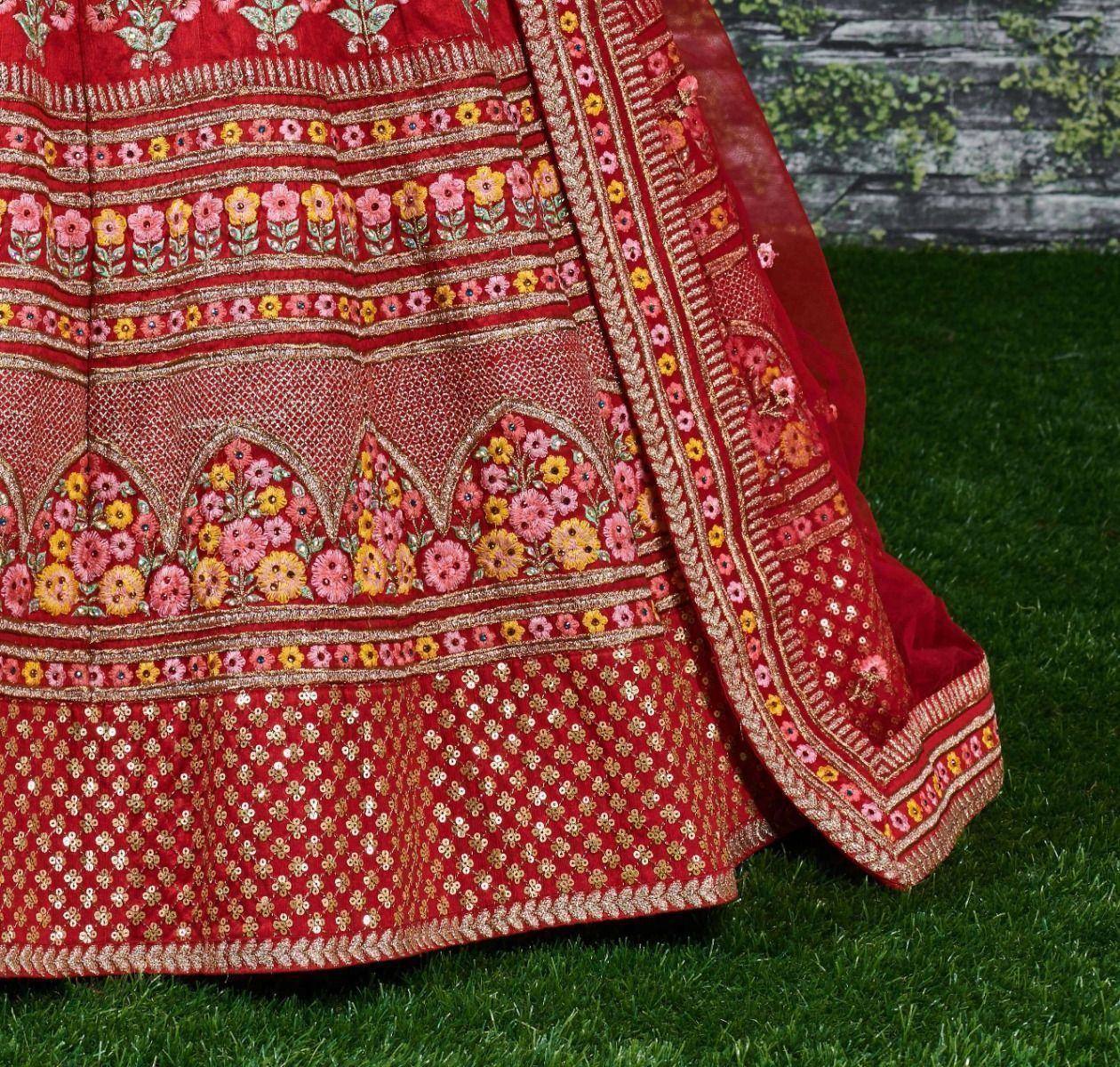Tulsi Art Sabyasachi Red Embroidered Art Silk Bridal Lehenga Choli