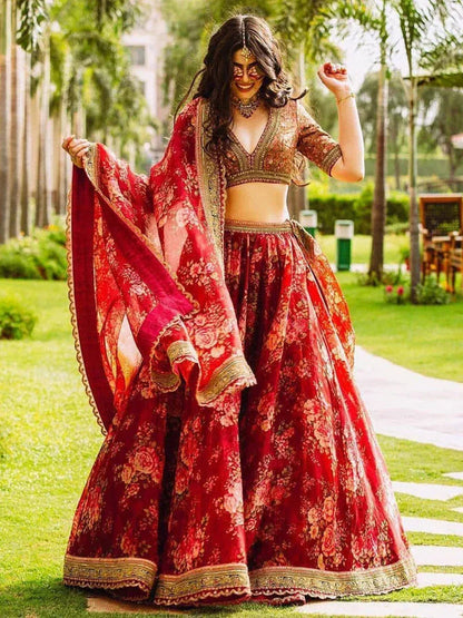Tulsi Art Sabyasachi Maroon Floral Printed Organza Bridal Lehenga Choli
