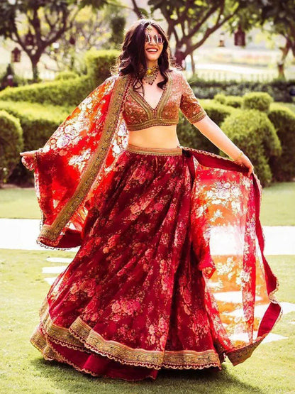 Tulsi Art Sabyasachi Maroon Floral Printed Organza Bridal Lehenga Choli