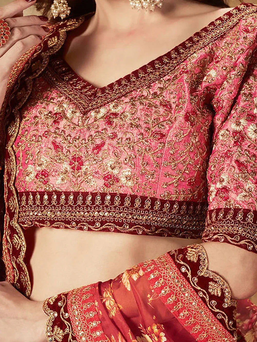 Tulsi Art Sabyasachi Maroon Floral Printed Organza Bridal Lehenga Choli