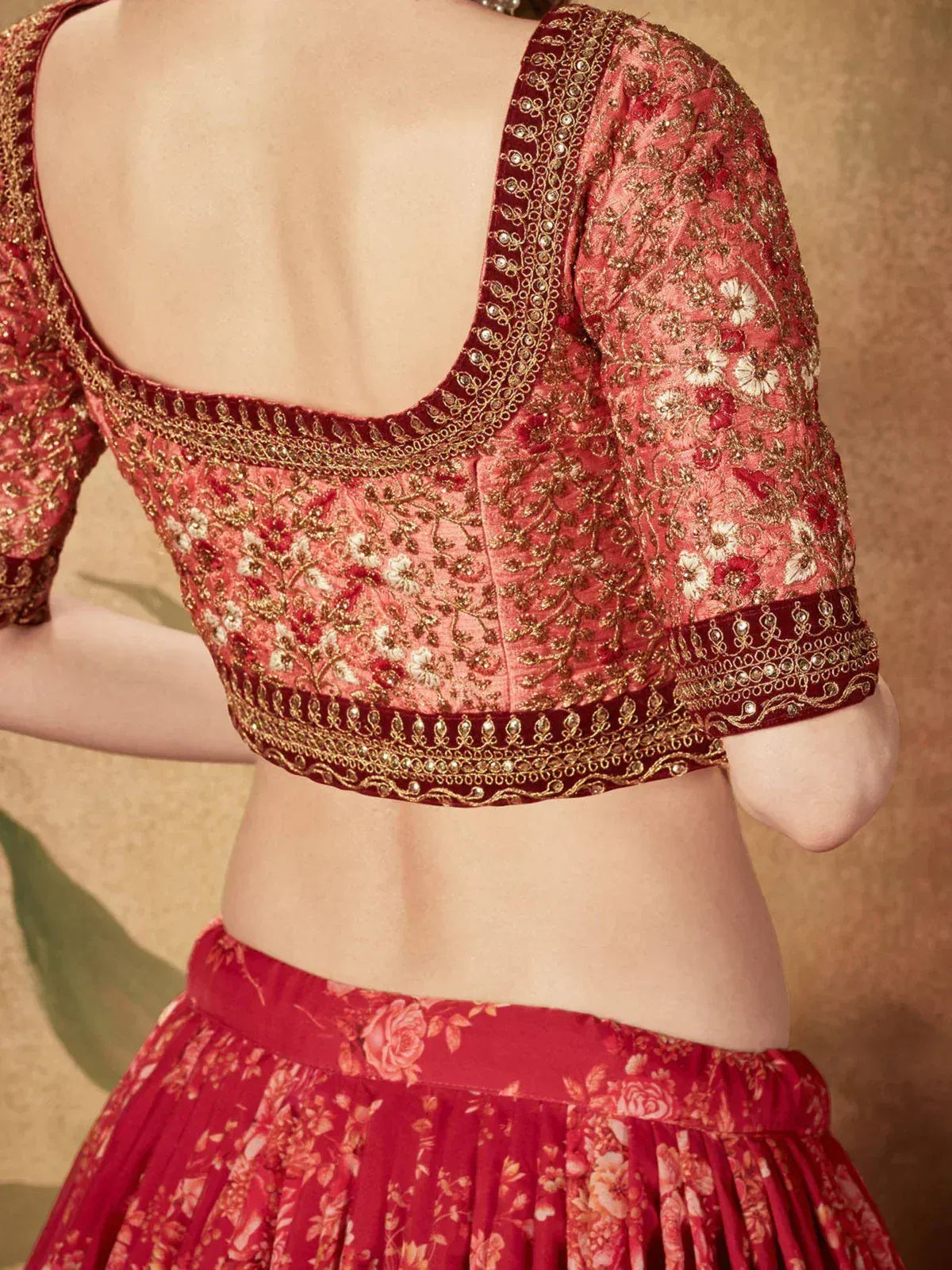 Tulsi Art Sabyasachi Maroon Floral Printed Organza Bridal Lehenga Choli