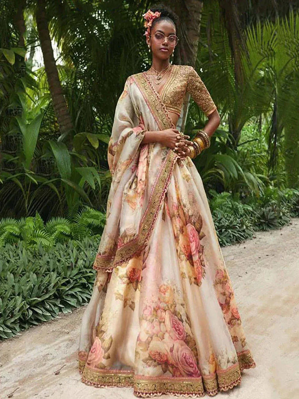 Tulsi Art Sabyasachi Off White Floral Printed Organza Bridal Lehenga Choli