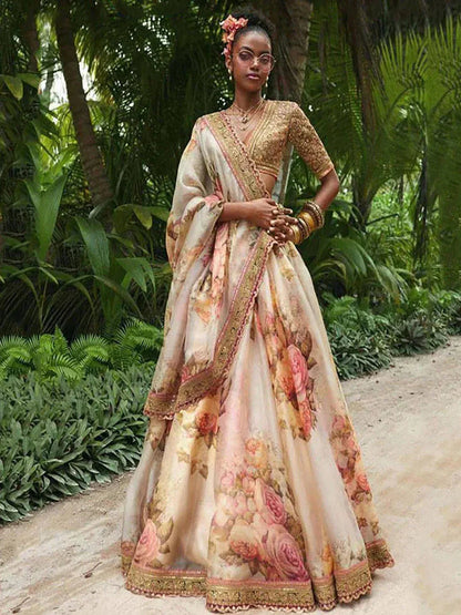 Tulsi Art Sabyasachi Off White Floral Printed Organza Bridal Lehenga Choli