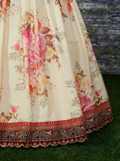 Tulsi Art Sabyasachi Off White Floral Printed Organza Bridal Lehenga Choli