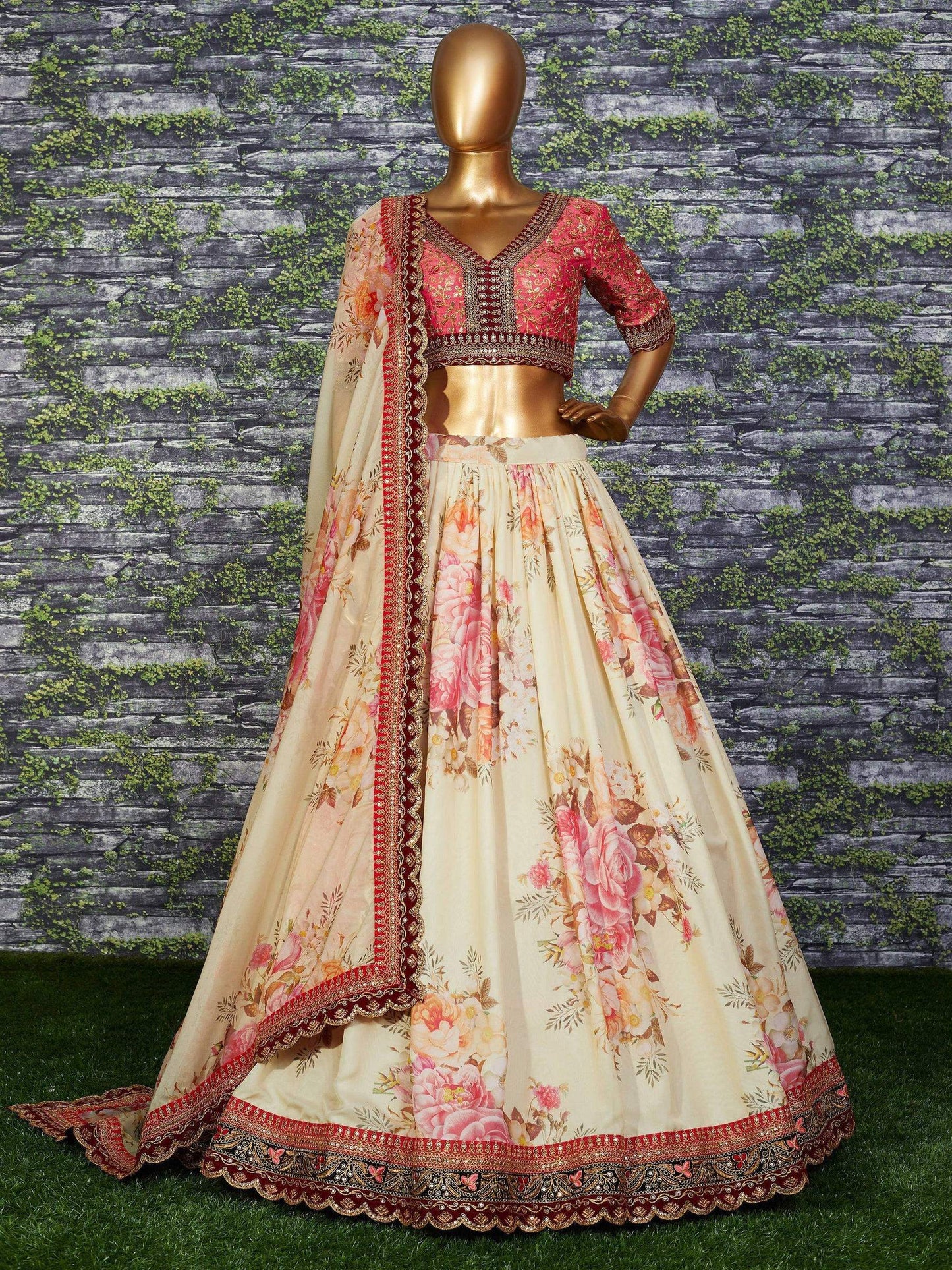 Tulsi Art Sabyasachi Off White Floral Printed Organza Bridal Lehenga Choli