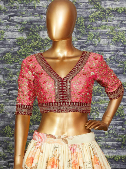 Tulsi Art Sabyasachi Off White Floral Printed Organza Bridal Lehenga Choli