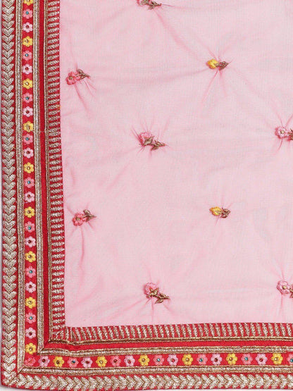 Tulsi Art Red & Pink Embroidered Semi-Stitched Myntra Lehenga & Unstitched Blouse With Dupatta