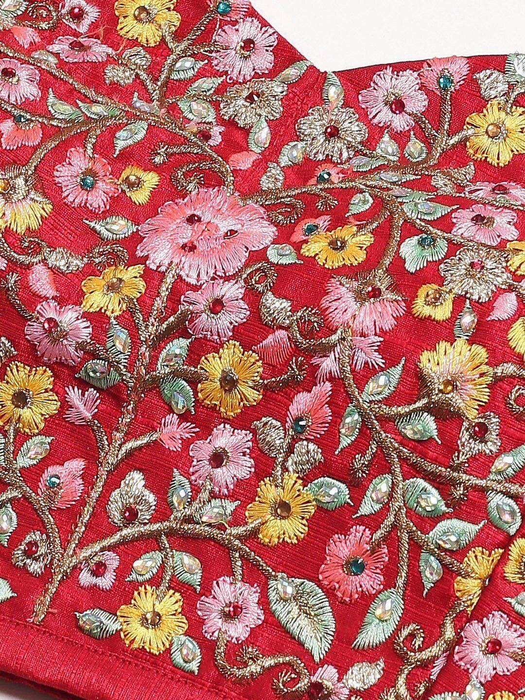 Tulsi Art Red & Pink Embroidered Semi-Stitched Myntra Lehenga & Unstitched Blouse With Dupatta