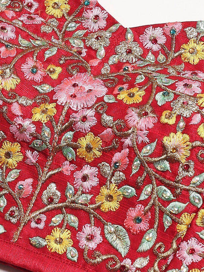 Tulsi Art Red & Pink Embroidered Semi-Stitched Myntra Lehenga & Unstitched Blouse With Dupatta