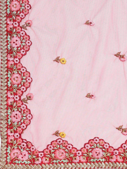 Tulsi Art Red & Pink Embroidered Semi-Stitched Myntra Lehenga & Unstitched Blouse With Dupatta