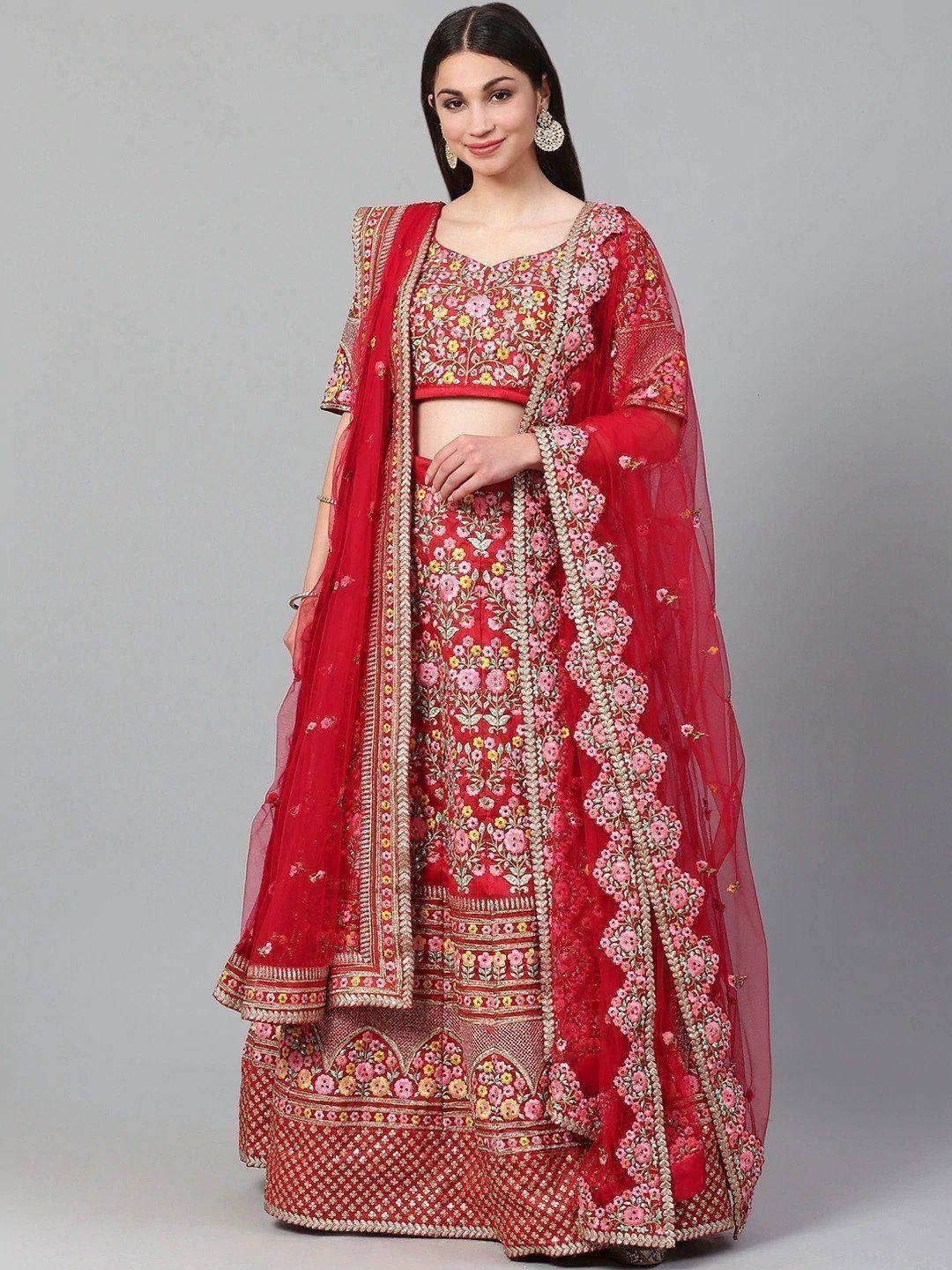 Tulsi Art Red & Pink Embroidered Semi-Stitched Myntra Lehenga & Unstitched Blouse With Dupatta
