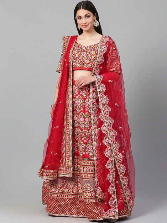 Tulsi Art Red & Pink Embroidered Semi-Stitched Myntra Lehenga & Unstitched Blouse With Dupatta