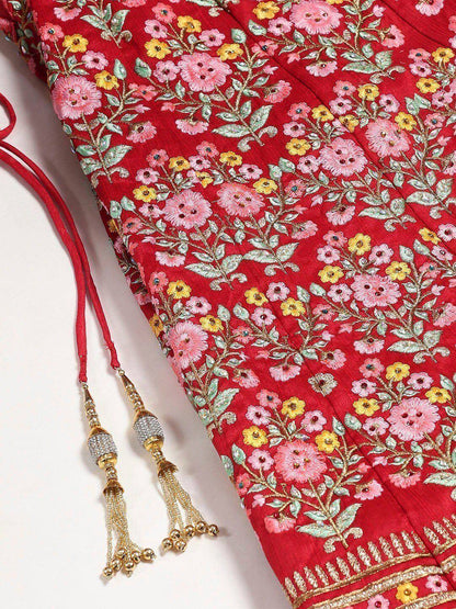 Tulsi Art Red & Pink Embroidered Semi-Stitched Myntra Lehenga & Unstitched Blouse With Dupatta
