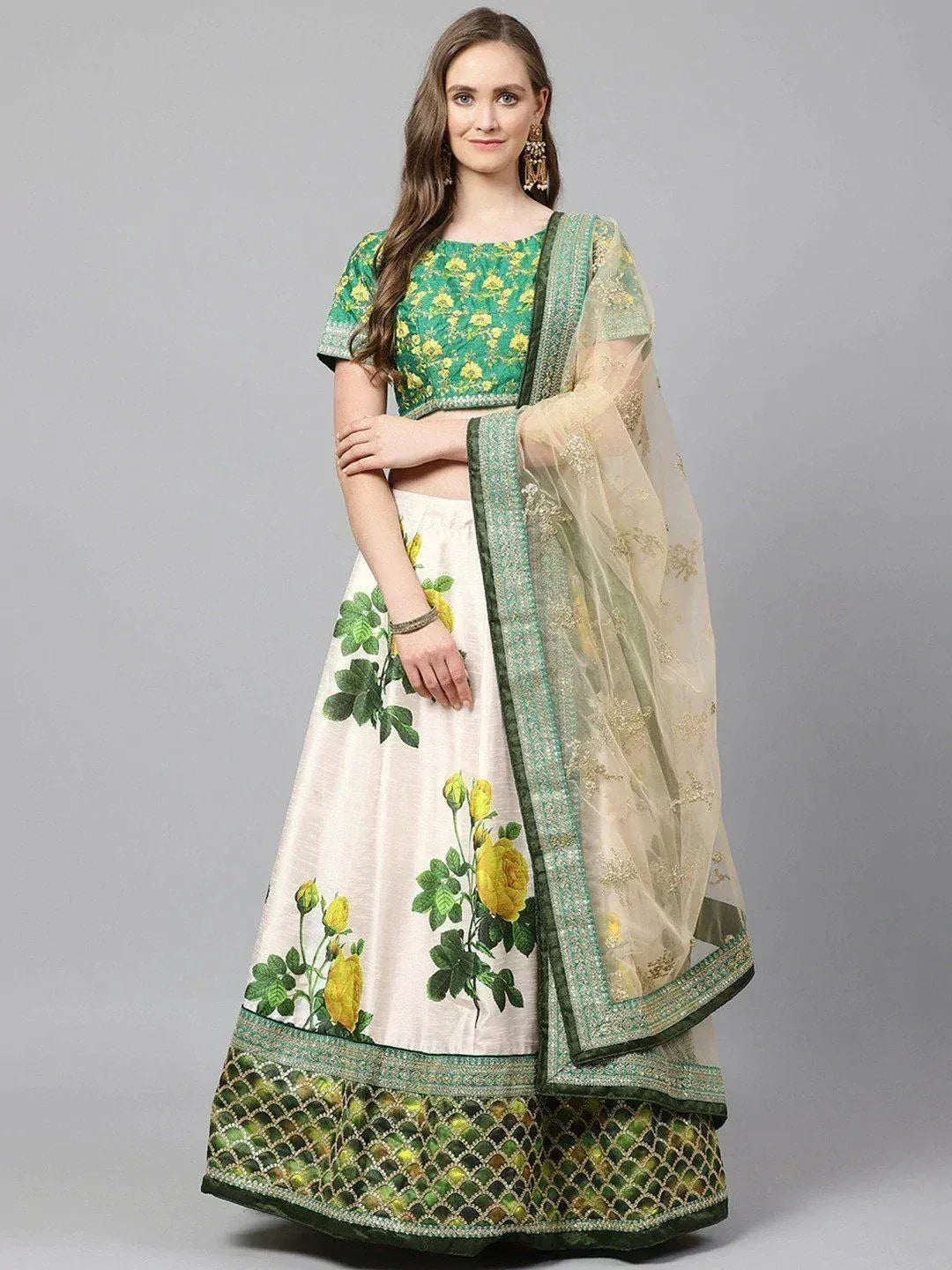 Tulsi Art Cream-Coloured & Beige Embroidered Semi-Stitched Myntra Lehenga & Unstitched Blouse With Dupatta