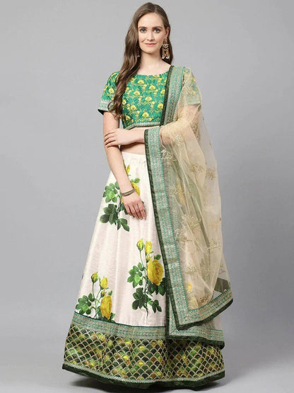 Tulsi Art Cream-Coloured & Beige Embroidered Semi-Stitched Myntra Lehenga & Unstitched Blouse With Dupatta