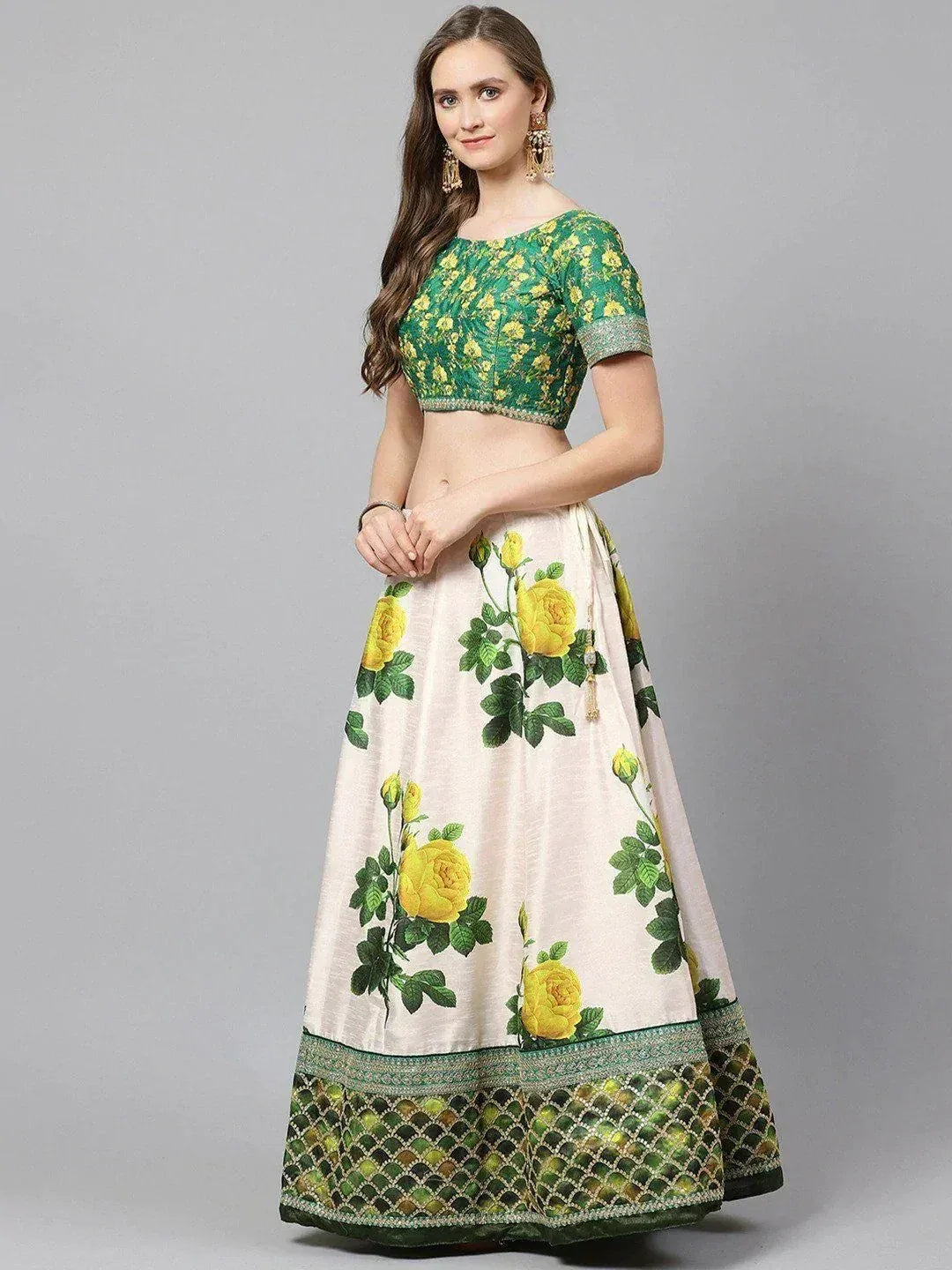 Tulsi Art Cream-Coloured & Beige Embroidered Semi-Stitched Myntra Lehenga & Unstitched Blouse With Dupatta