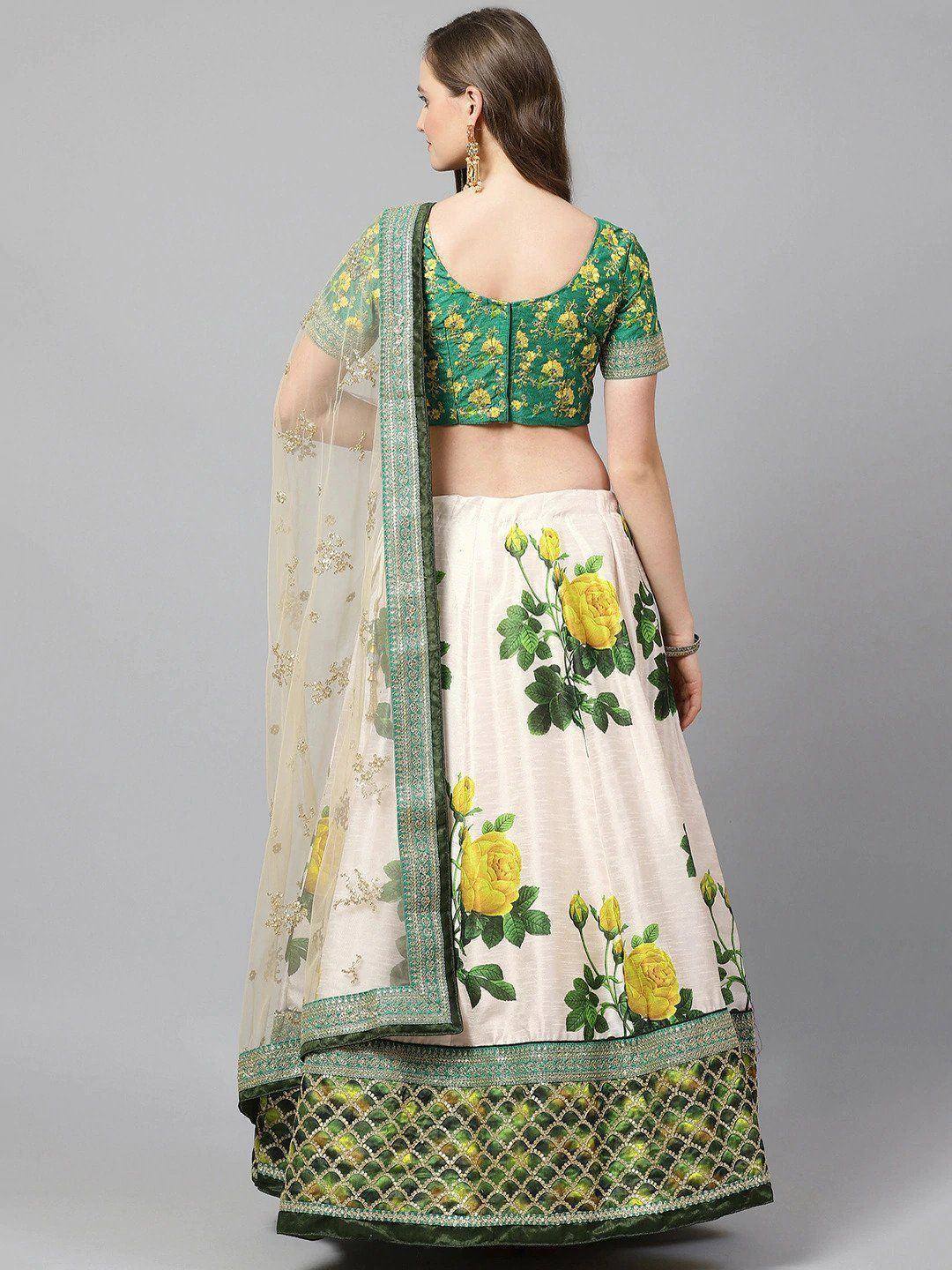 Tulsi Art Cream-Coloured & Beige Embroidered Semi-Stitched Myntra Lehenga & Unstitched Blouse With Dupatta