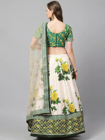 Tulsi Art Cream-Coloured & Beige Embroidered Semi-Stitched Myntra Lehenga & Unstitched Blouse With Dupatta