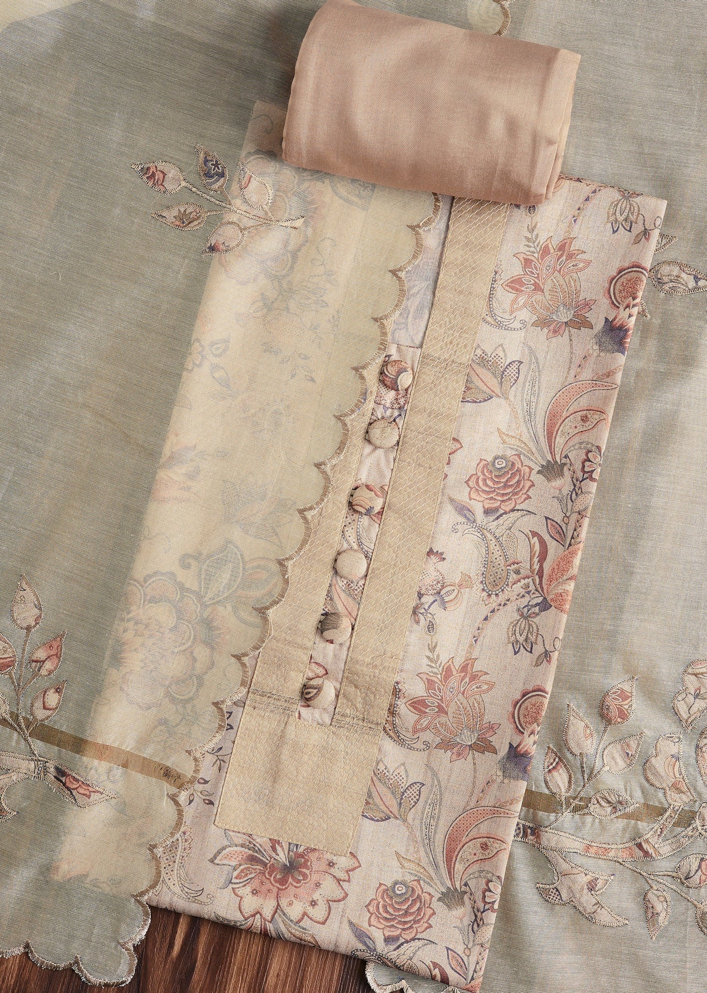 Sand Beige Cotton Printed Unstitched Suit Set