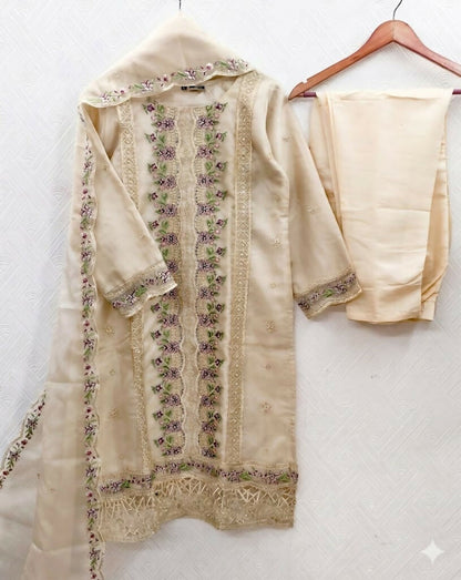 Teeya Creation Womens New Trendy Silk With Heavy Embroiedery With Sequence Work Beige Kurta Set