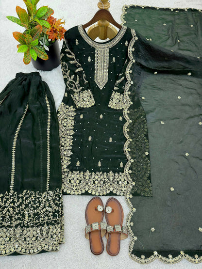 Teeya Creation Womens New Trendy Embroidery Coding And Sequence Work Green Kurta Set