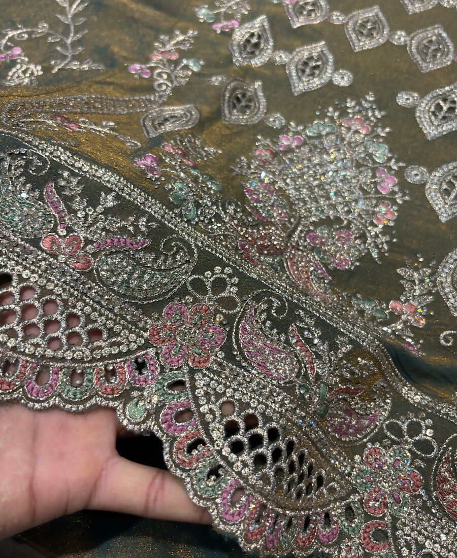KC Heavy Embroidery Worked Two Ton Moss Silk Grey Suit For Women