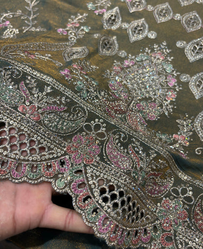 KC Heavy Embroidery Worked Two Ton Moss Silk Grey Suit For Women