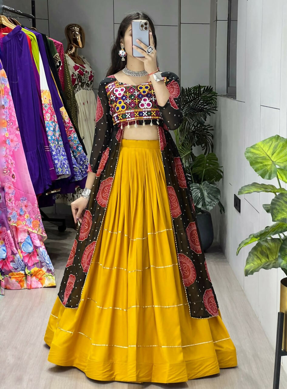 Yash Enterprise Mustard Black Rayon Cotton Embroidery Semi Stitched Navratri Chaniya Choli